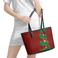 Hawaiian Taro Leaves-Hibiscus and Plumeria Leather Tote Bag Polynesian Art-Kakau Tattoo Red