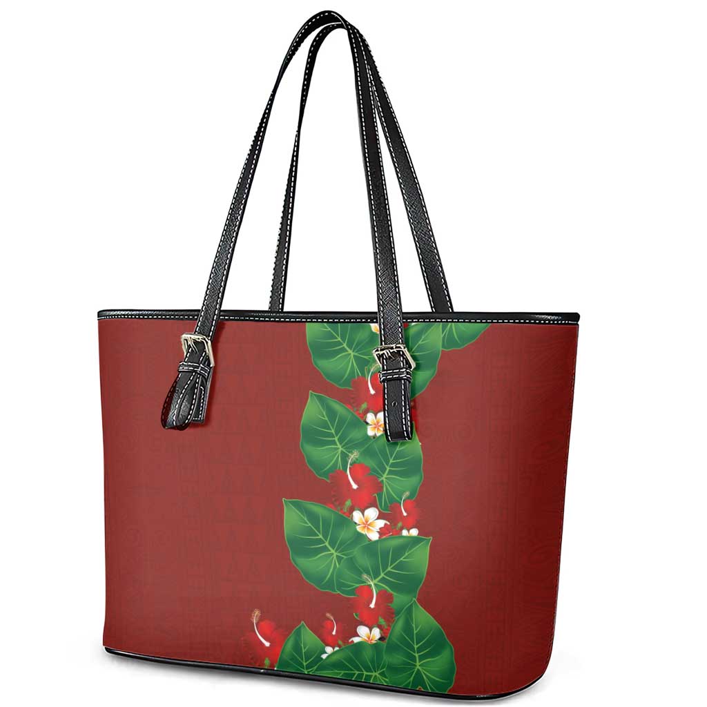 Hawaiian Taro Leaves-Hibiscus and Plumeria Leather Tote Bag Polynesian Art-Kakau Tattoo Red
