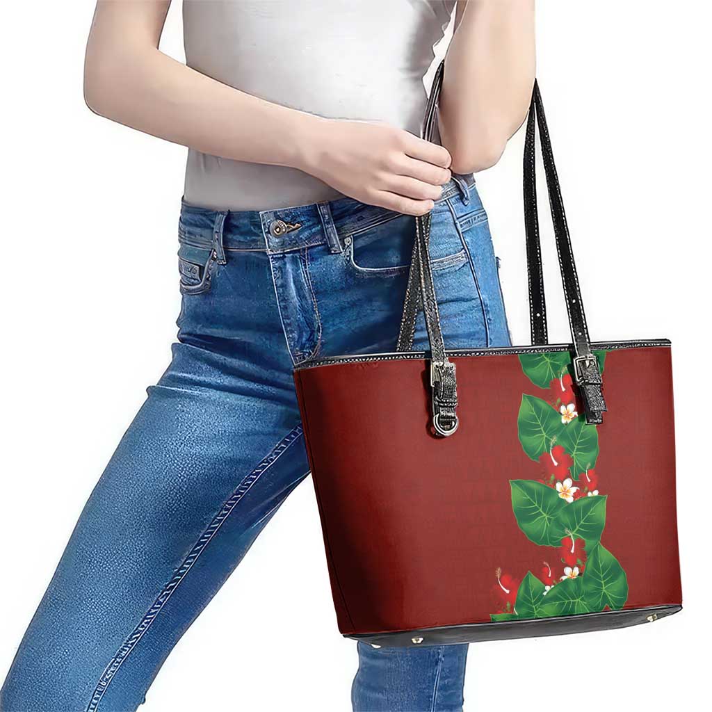 Hawaiian Taro Leaves-Hibiscus and Plumeria Leather Tote Bag Polynesian Art-Kakau Tattoo Red