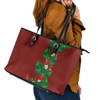 Hawaiian Taro Leaves-Hibiscus and Plumeria Leather Tote Bag Polynesian Art-Kakau Tattoo Red