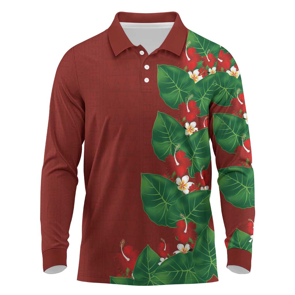 Hawaiian Taro Leaves-Hibiscus and Plumeria Long Sleeve Polo Shirt Polynesian Art-Kakau Tattoo Red