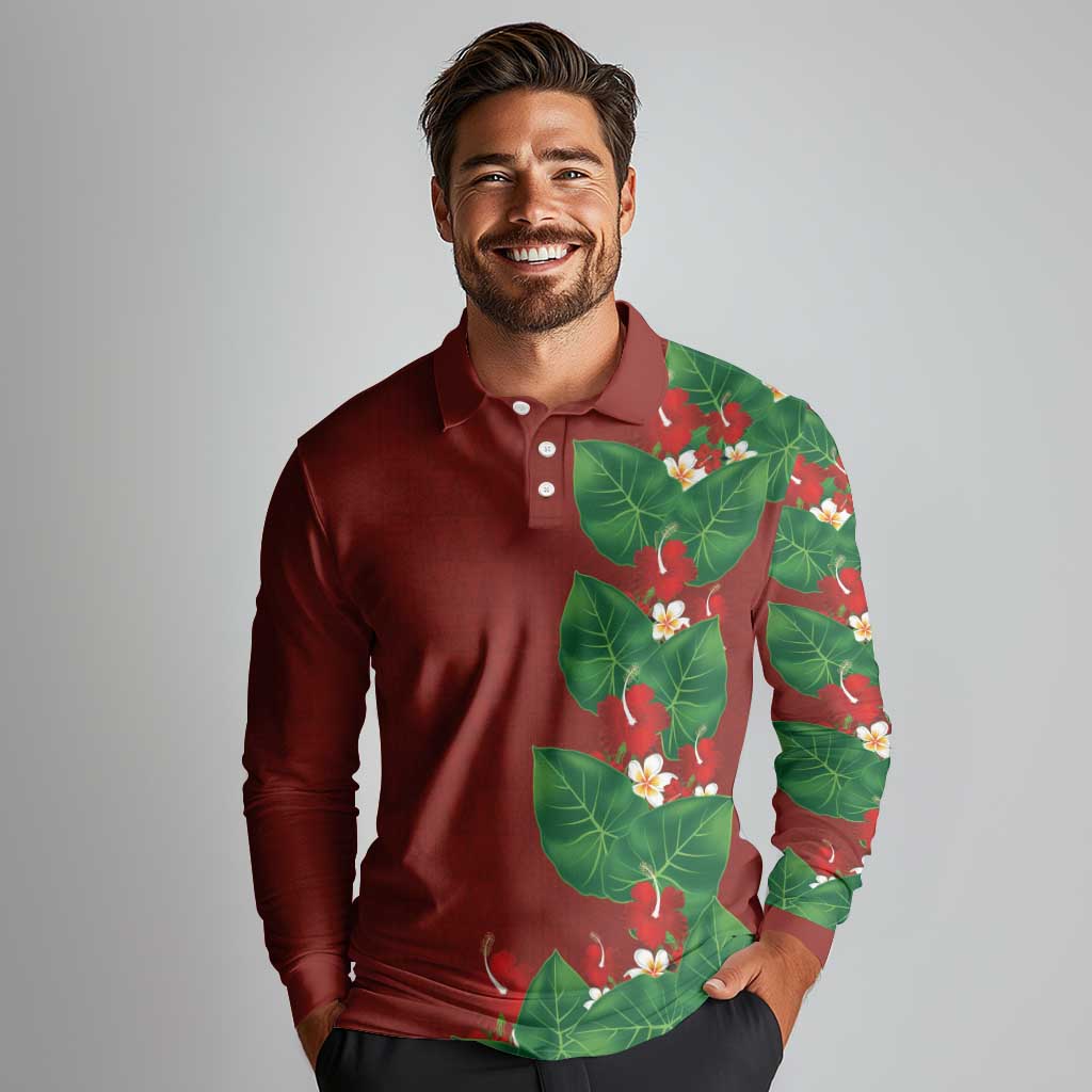 Hawaiian Taro Leaves-Hibiscus and Plumeria Long Sleeve Polo Shirt Polynesian Art-Kakau Tattoo Red