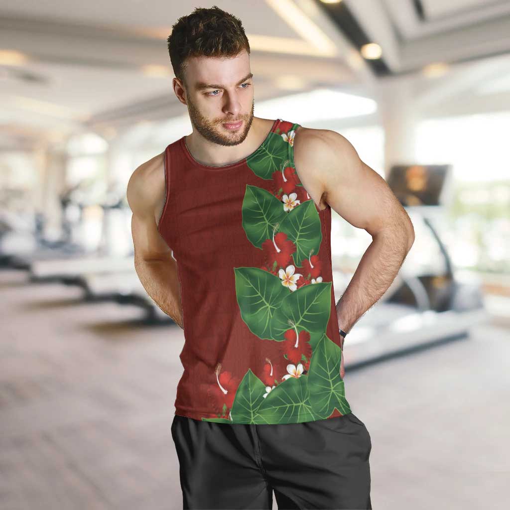 Hawaiian Taro Leaves-Hibiscus and Plumeria Men Tank Top Polynesian Art-Kakau Tattoo Red