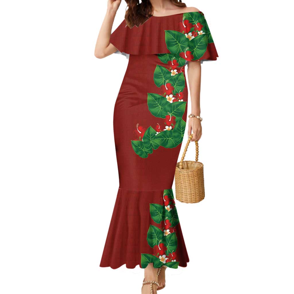 Hawaiian Taro Leaves-Hibiscus and Plumeria Mermaid Dress Polynesian Art-Kakau Tattoo Red LT03 Women Red - Polynesian Pride
