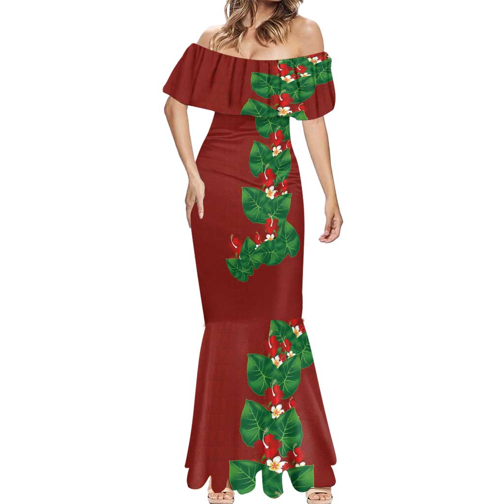Hawaiian Taro Leaves-Hibiscus and Plumeria Mermaid Dress Polynesian Art-Kakau Tattoo Red LT03 - Polynesian Pride