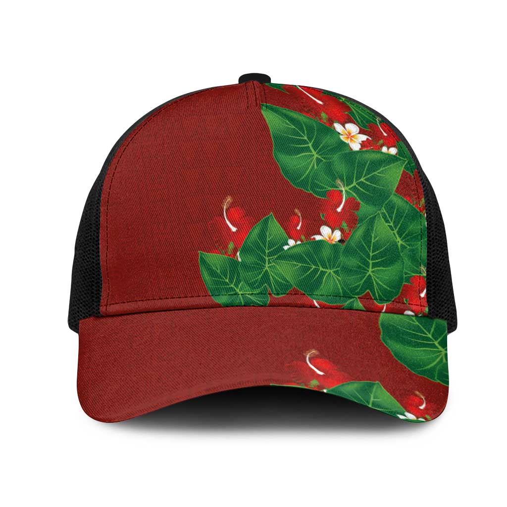 Hawaiian Taro Leaves-Hibiscus and Plumeria Mesh Trucker Cap Polynesian Art-Kakau Tattoo Red