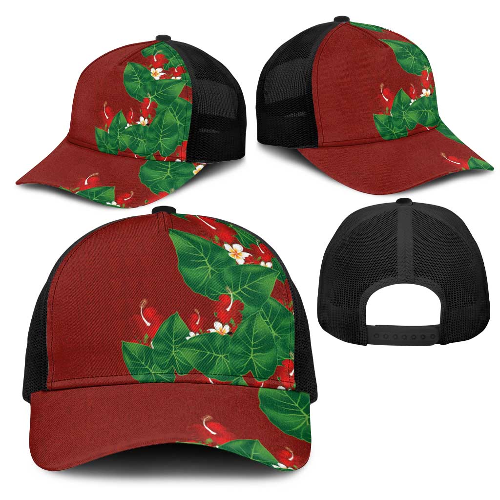 Hawaiian Taro Leaves-Hibiscus and Plumeria Mesh Trucker Cap Polynesian Art-Kakau Tattoo Red