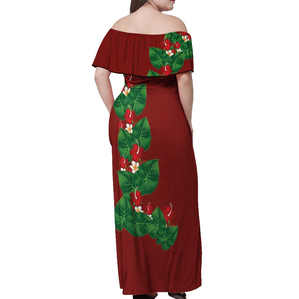Hawaiian Taro Leaves-Hibiscus and Plumeria Off Shoulder Maxi Dress Polynesian Art-Kakau Tattoo Red