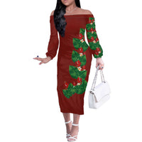 Hawaiian Taro Leaves-Hibiscus and Plumeria Off The Shoulder Long Sleeve Dress Polynesian Art-Kakau Tattoo Red