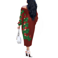 Hawaiian Taro Leaves-Hibiscus and Plumeria Off The Shoulder Long Sleeve Dress Polynesian Art-Kakau Tattoo Red