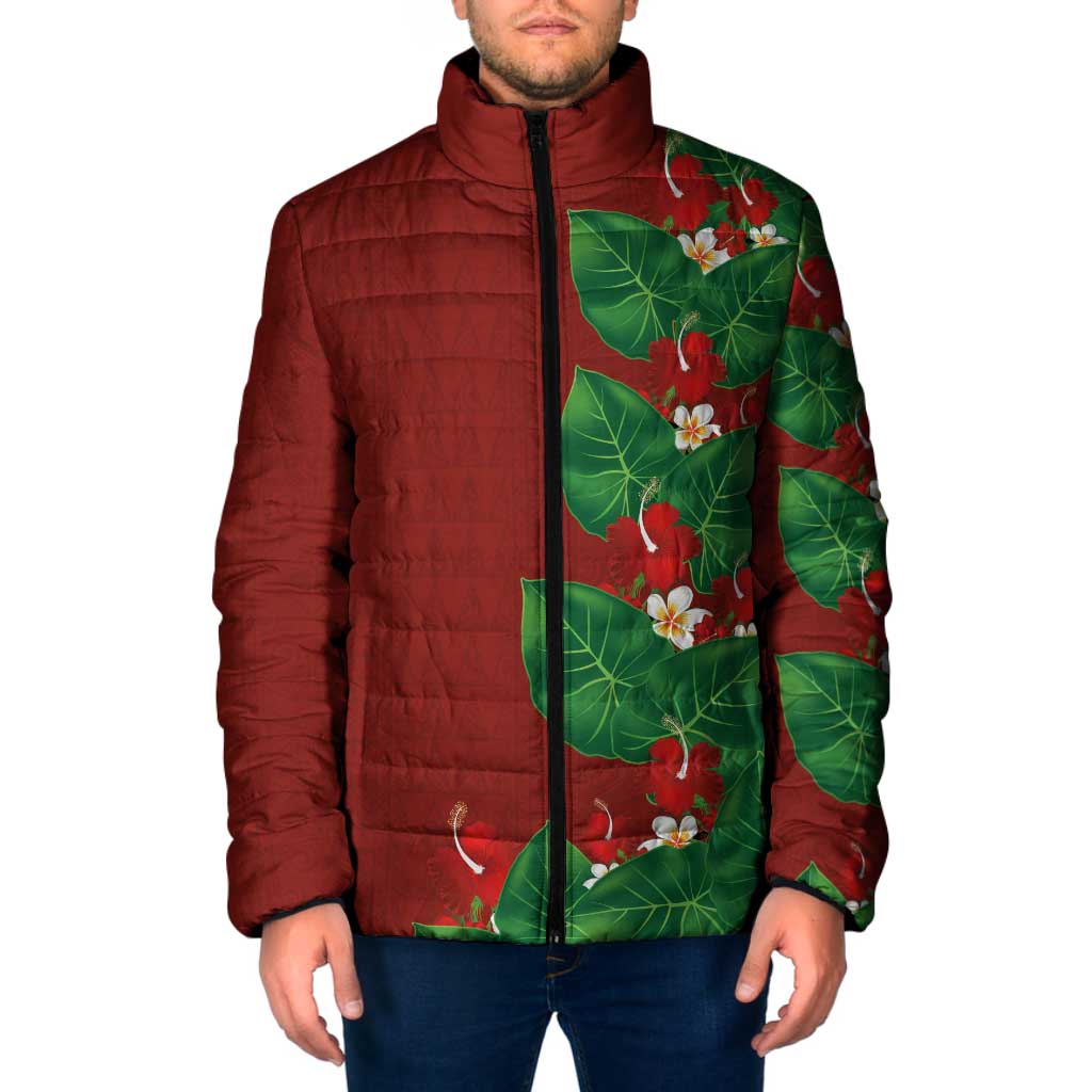 Hawaiian Taro Leaves-Hibiscus and Plumeria Padded Jacket Polynesian Art-Kakau Tattoo Red