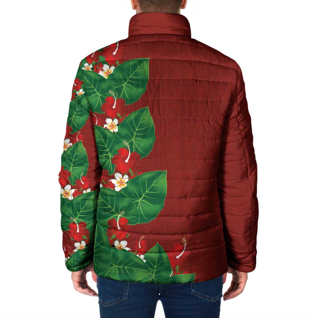 Hawaiian Taro Leaves-Hibiscus and Plumeria Padded Jacket Polynesian Art-Kakau Tattoo Red