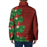 Hawaiian Taro Leaves-Hibiscus and Plumeria Padded Jacket Polynesian Art-Kakau Tattoo Red