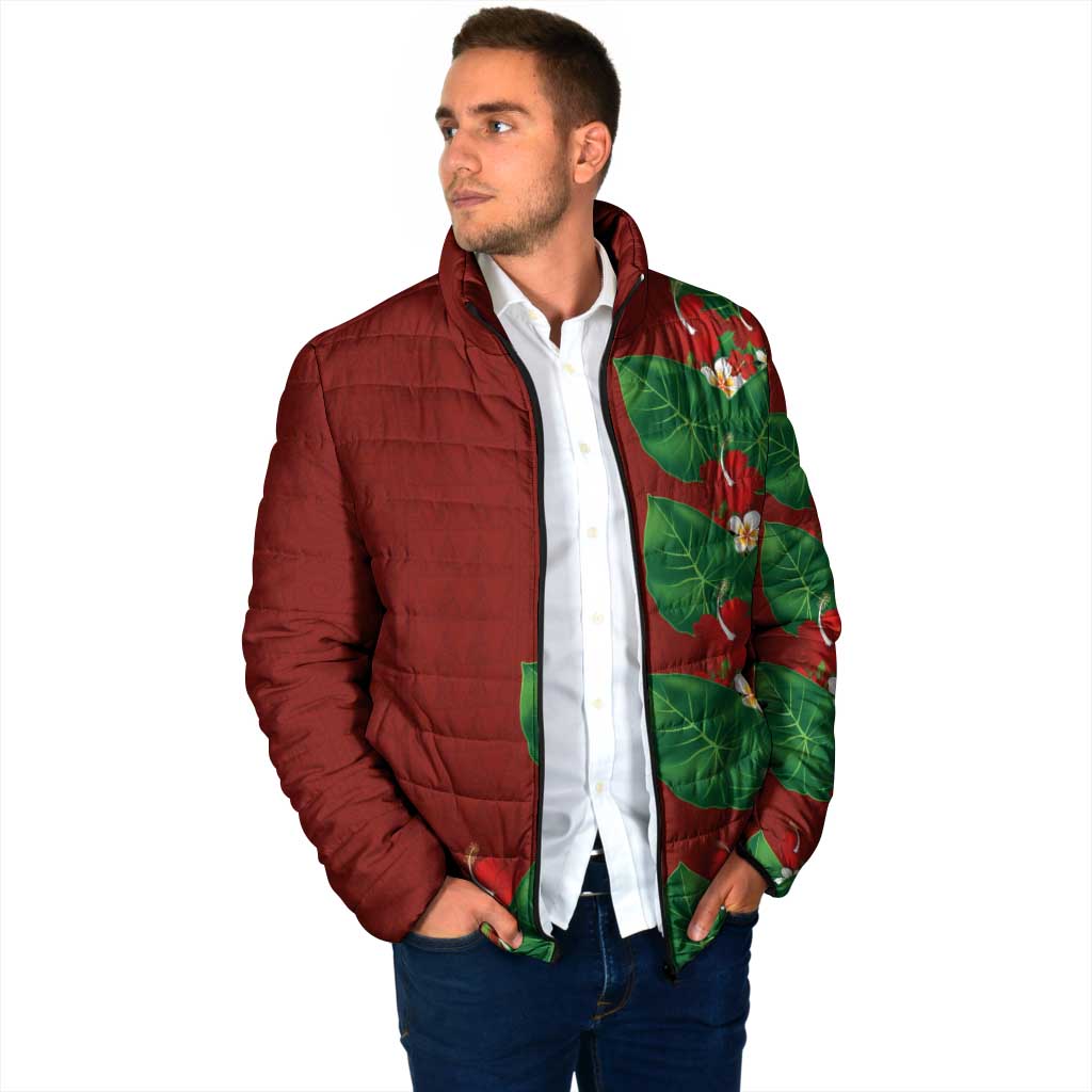 Hawaiian Taro Leaves-Hibiscus and Plumeria Padded Jacket Polynesian Art-Kakau Tattoo Red