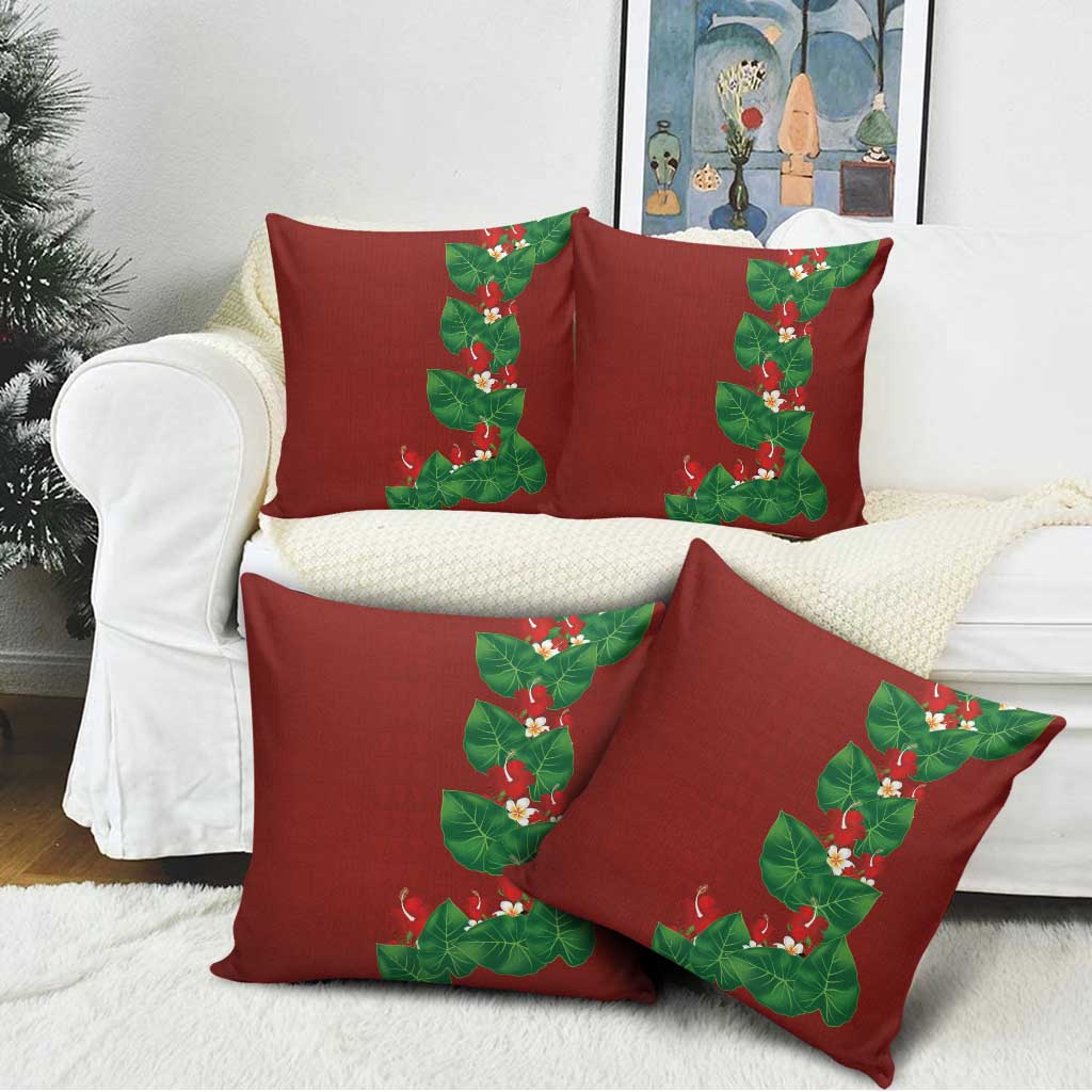 Hawaiian Taro Leaves-Hibiscus and Plumeria Pillow Cover Polynesian Art-Kakau Tattoo Red