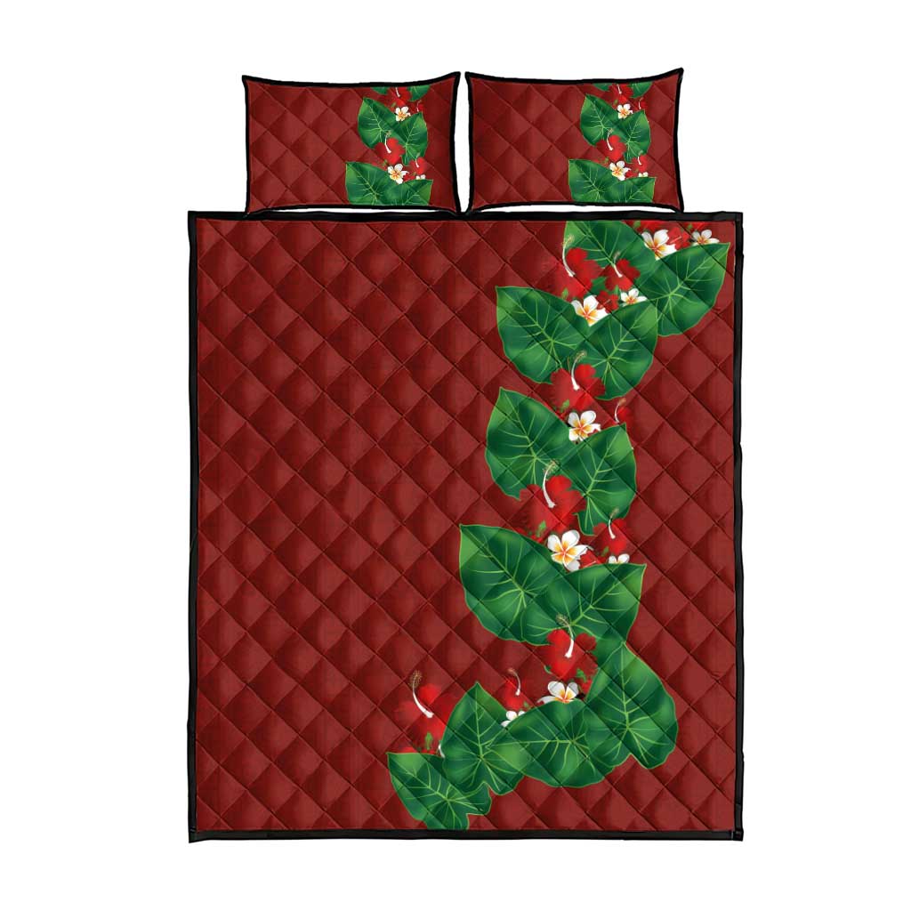 Hawaiian Taro Leaves-Hibiscus and Plumeria Quilt Bed Set Polynesian Art-Kakau Tattoo Red