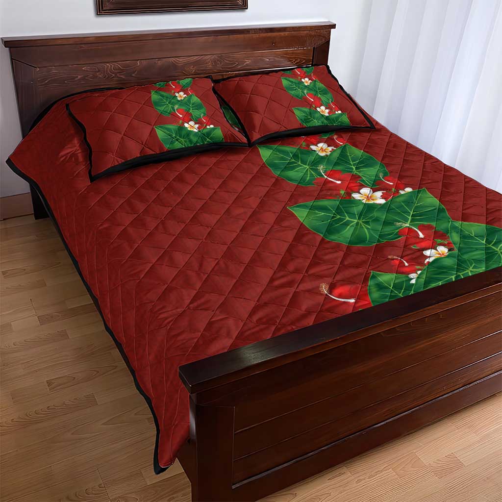 Hawaiian Taro Leaves-Hibiscus and Plumeria Quilt Bed Set Polynesian Art-Kakau Tattoo Red