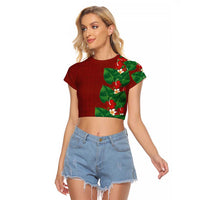 Hawaiian Taro Leaves-Hibiscus and Plumeria Raglan Cropped T Shirt Polynesian Art-Kakau Tattoo Red