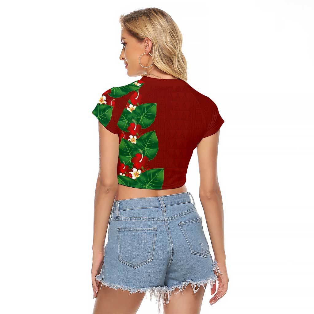 Hawaiian Taro Leaves-Hibiscus and Plumeria Raglan Cropped T Shirt Polynesian Art-Kakau Tattoo Red