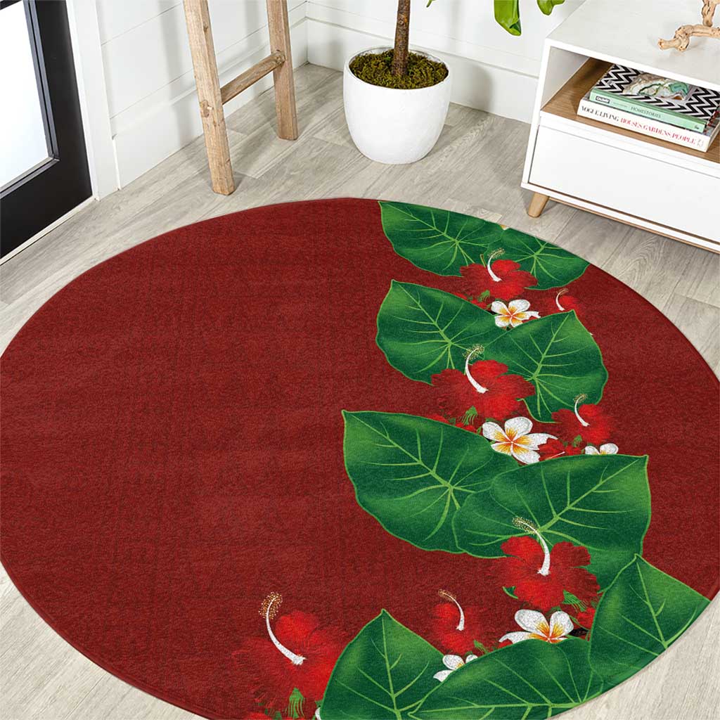 Hawaiian Taro Leaves-Hibiscus and Plumeria Round Carpet Polynesian Art-Kakau Tattoo Red