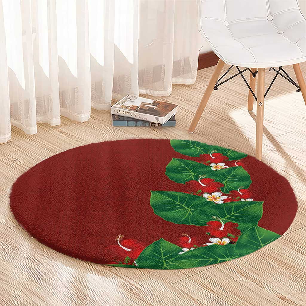 Hawaiian Taro Leaves-Hibiscus and Plumeria Round Carpet Polynesian Art-Kakau Tattoo Red