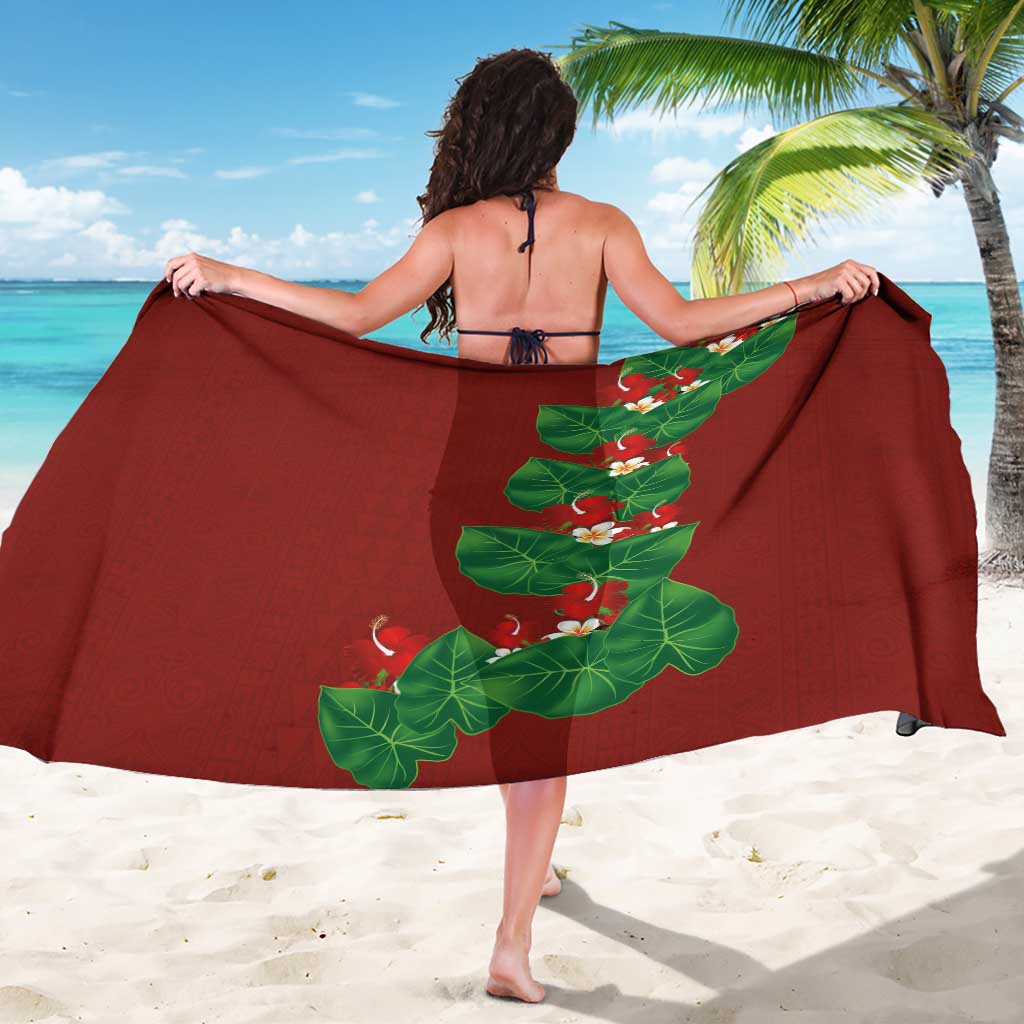 Hawaiian Taro Leaves-Hibiscus and Plumeria Sarong Polynesian Art-Kakau Tattoo Red