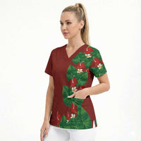 Hawaiian Taro Leaves-Hibiscus and Plumeria Scrub Top Polynesian Art-Kakau Tattoo Red