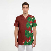 Hawaiian Taro Leaves-Hibiscus and Plumeria Scrub Top Polynesian Art-Kakau Tattoo Red