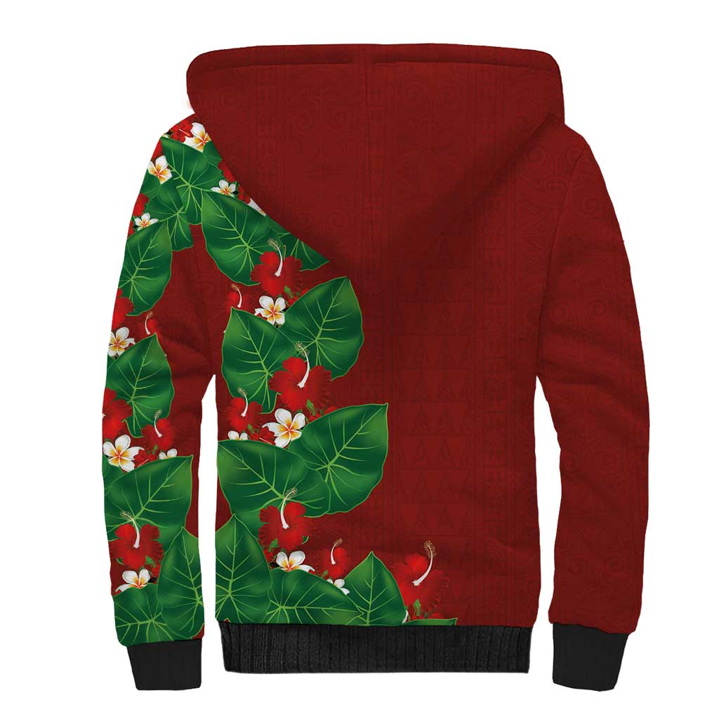 Hawaiian Taro Leaves-Hibiscus and Plumeria Sherpa Hoodie Polynesian Art-Kakau Tattoo Red