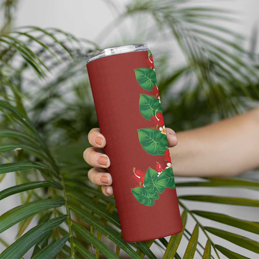 Hawaiian Taro Leaves-Hibiscus and Plumeria Skinny Tumbler Polynesian Art-Kakau Tattoo Red