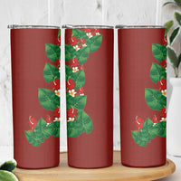 Hawaiian Taro Leaves-Hibiscus and Plumeria Skinny Tumbler Polynesian Art-Kakau Tattoo Red