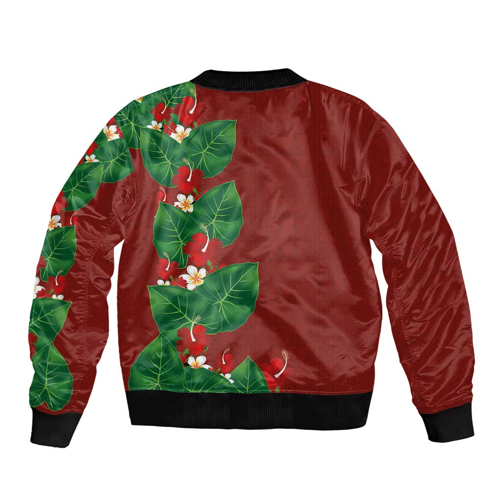 Hawaiian Taro Leaves-Hibiscus and Plumeria Sleeve Zip Bomber Jacket Polynesian Art-Kakau Tattoo Red