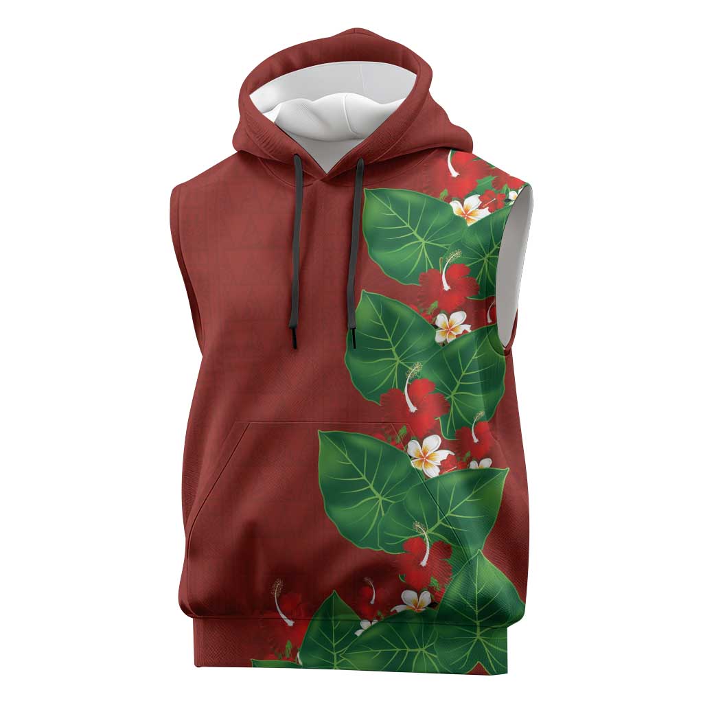 Hawaiian Taro Leaves-Hibiscus and Plumeria Sleeveless Hoodie Polynesian Art-Kakau Tattoo Red