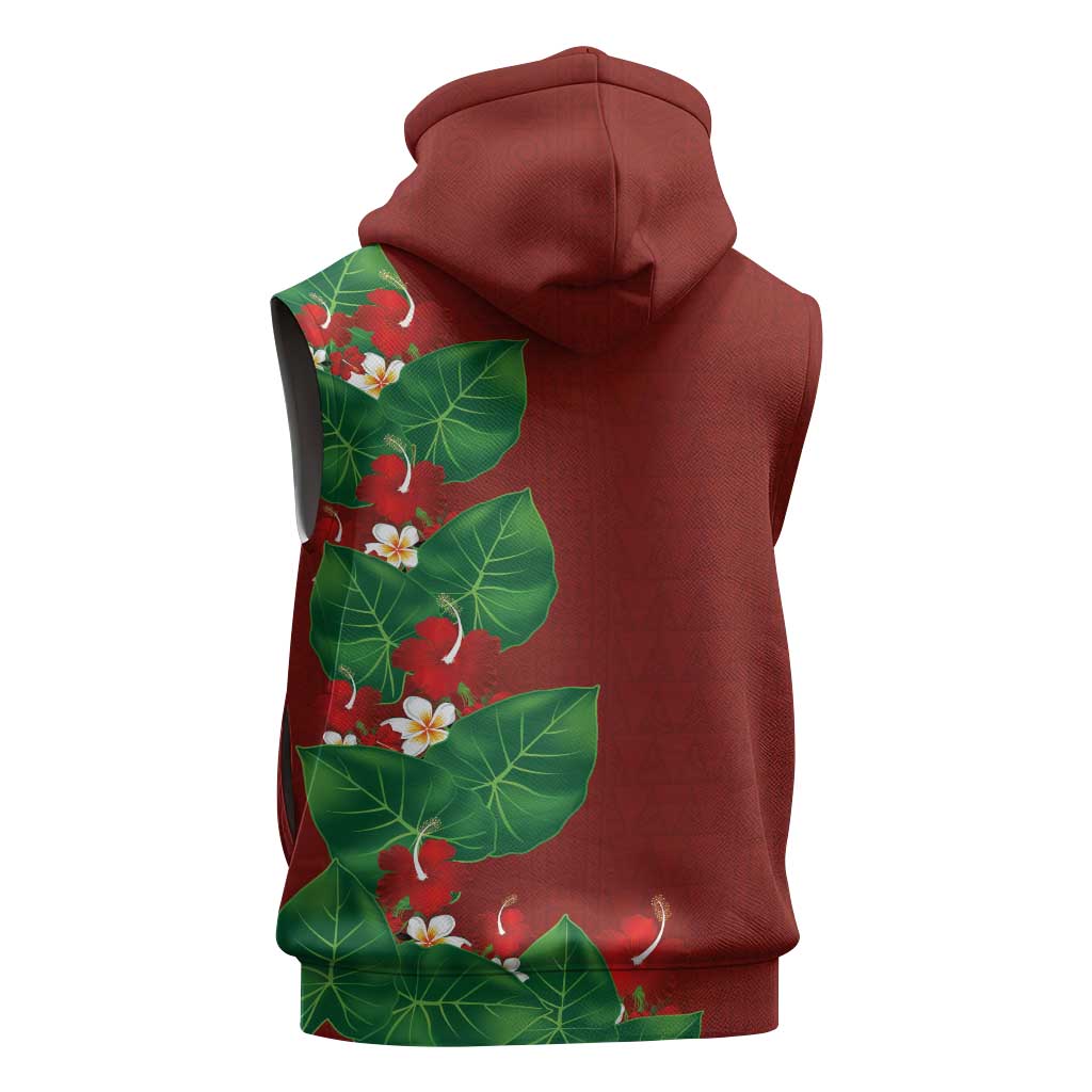 Hawaiian Taro Leaves-Hibiscus and Plumeria Sleeveless Hoodie Polynesian Art-Kakau Tattoo Red