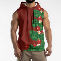 Hawaiian Taro Leaves-Hibiscus and Plumeria Sleeveless Hoodie Polynesian Art-Kakau Tattoo Red