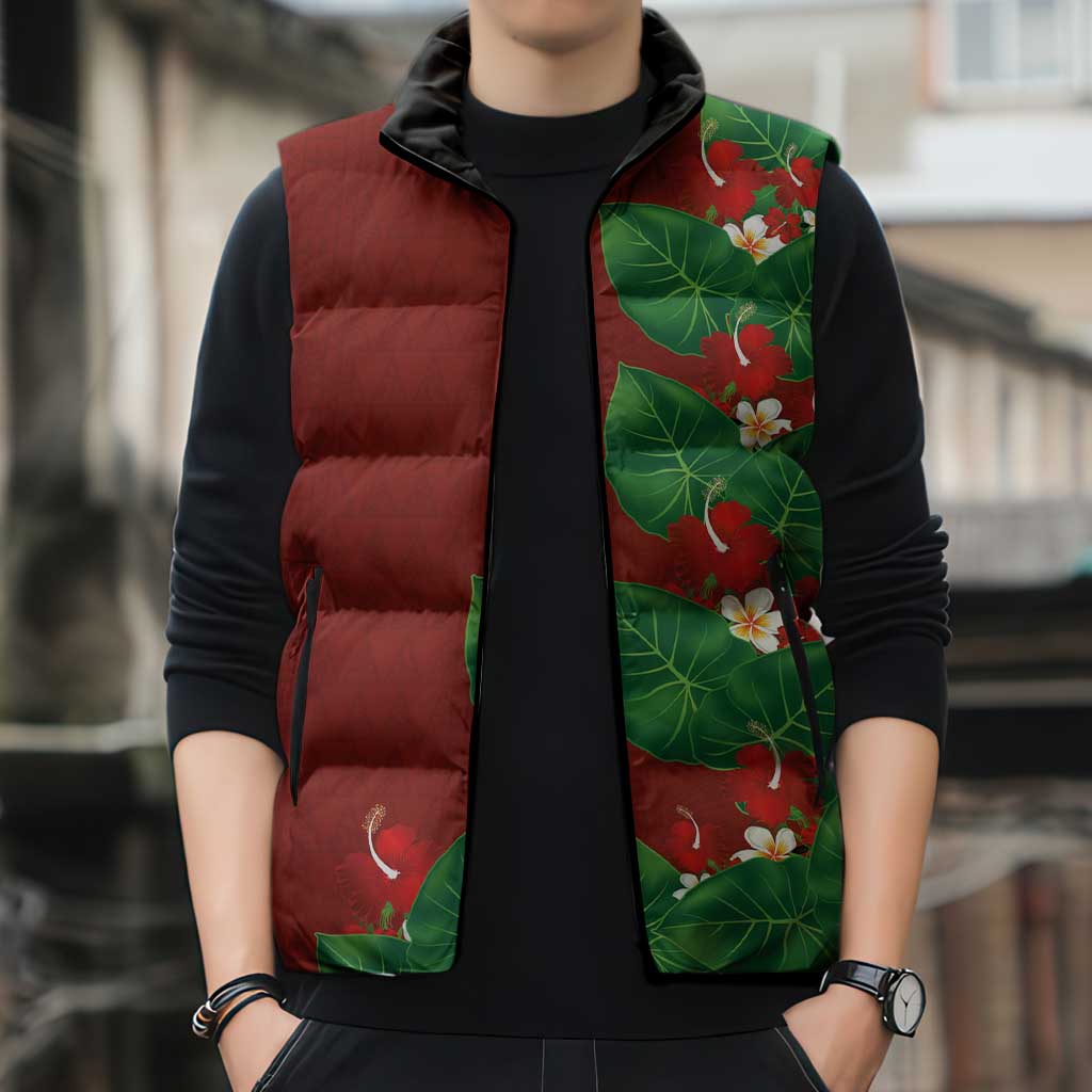 Hawaiian Taro Leaves-Hibiscus and Plumeria Sleeveless Puffer Jacket Polynesian Art-Kakau Tattoo Red