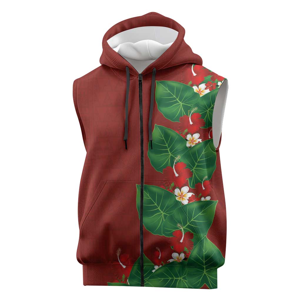 Hawaiian Taro Leaves-Hibiscus and Plumeria Sleeveless Zip Hoodie Polynesian Art-Kakau Tattoo Red