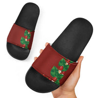 Hawaiian Taro Leaves-Hibiscus and Plumeria Slide Sandals Polynesian Art-Kakau Tattoo Red