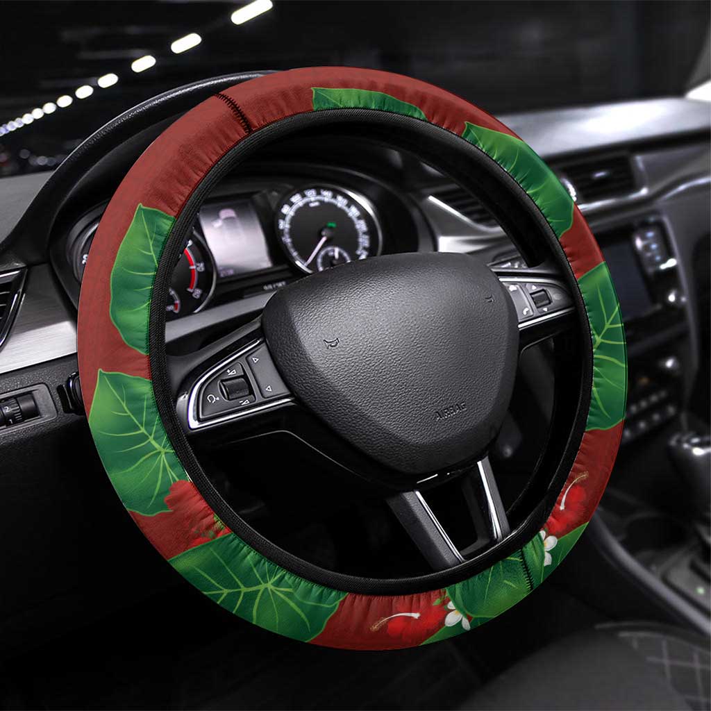 Hawaiian Taro Leaves-Hibiscus and Plumeria Steering Wheel Cover Polynesian Art-Kakau Tattoo Red