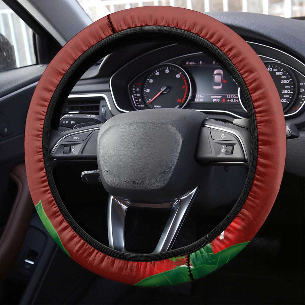 Hawaiian Taro Leaves-Hibiscus and Plumeria Steering Wheel Cover Polynesian Art-Kakau Tattoo Red