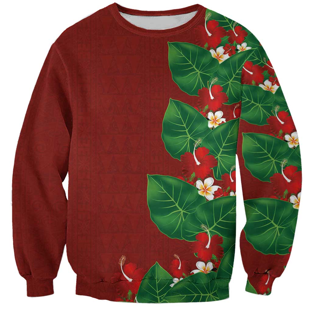 Hawaiian Taro Leaves-Hibiscus and Plumeria Sweatshirt Polynesian Art-Kakau Tattoo Red
