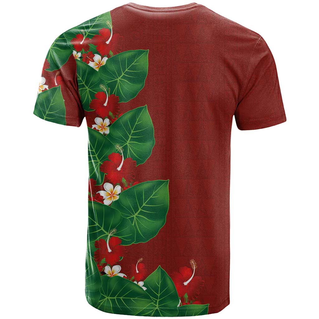 Hawaiian Taro Leaves-Hibiscus and Plumeria T Shirt Polynesian Art-Kakau Tattoo Red
