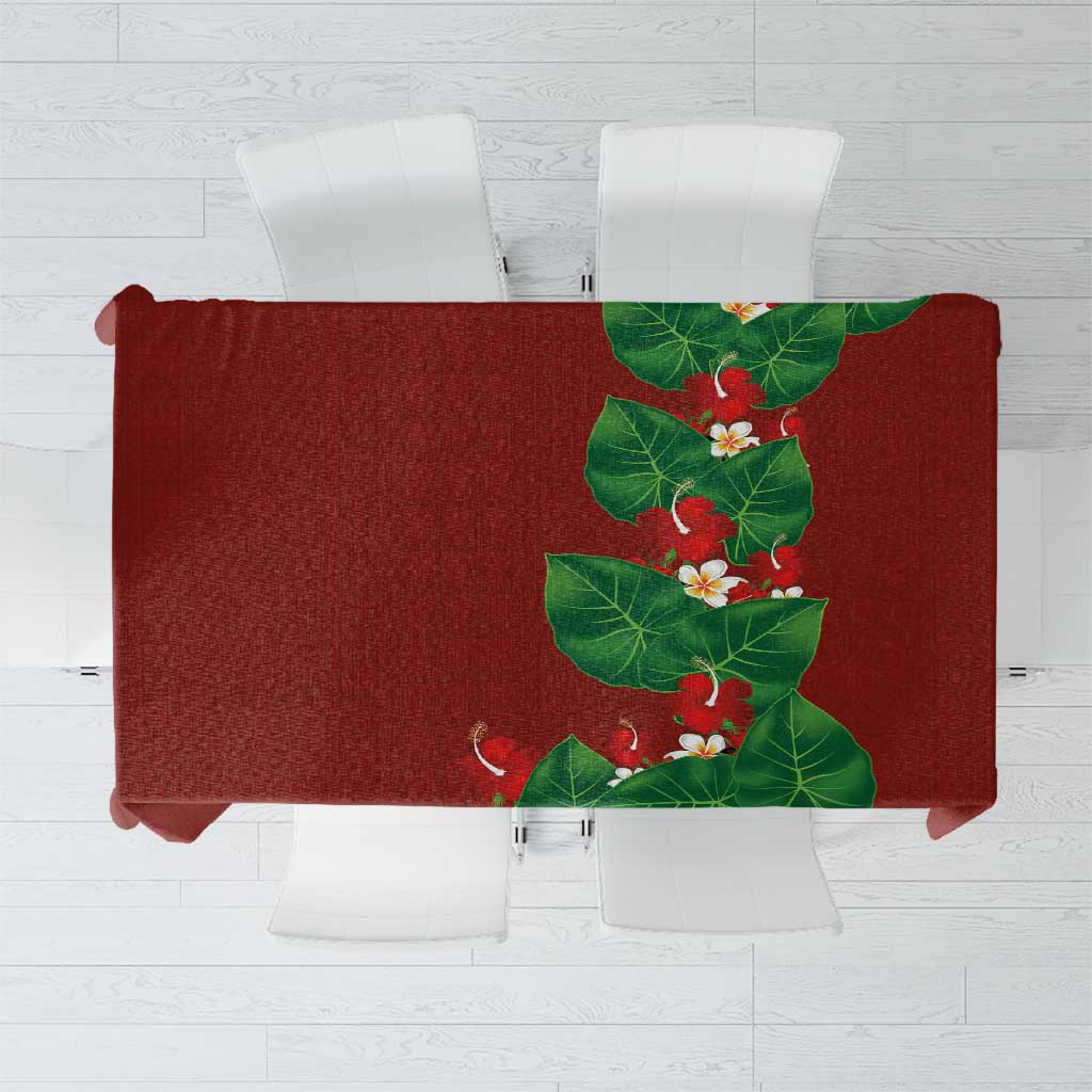 Hawaiian Taro Leaves-Hibiscus and Plumeria Tablecloth Polynesian Art-Kakau Tattoo Red