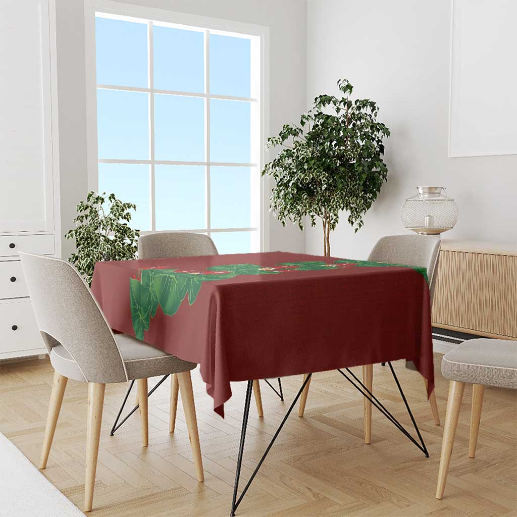 Hawaiian Taro Leaves-Hibiscus and Plumeria Tablecloth Polynesian Art-Kakau Tattoo Red