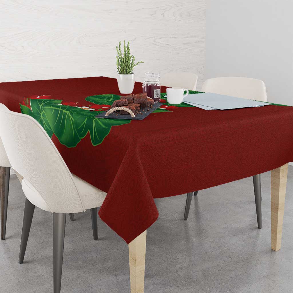 Hawaiian Taro Leaves-Hibiscus and Plumeria Tablecloth Polynesian Art-Kakau Tattoo Red