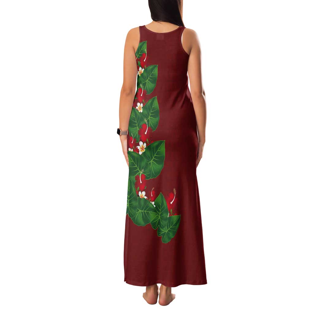 Hawaiian Taro Leaves-Hibiscus and Plumeria Tank Maxi Dress Polynesian Art-Kakau Tattoo Red