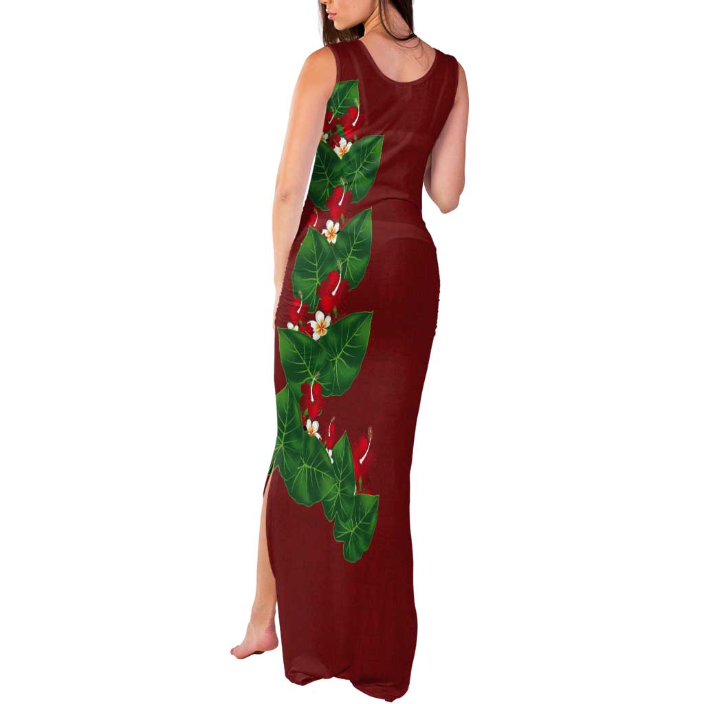 Hawaiian Taro Leaves-Hibiscus and Plumeria Tank Maxi Dress Polynesian Art-Kakau Tattoo Red