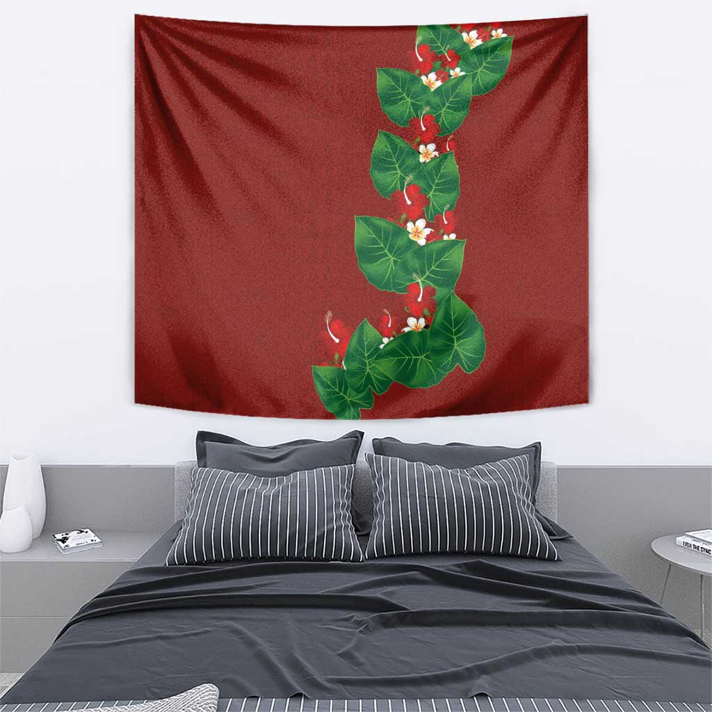 Hawaiian Taro Leaves-Hibiscus and Plumeria Tapestry Polynesian Art-Kakau Tattoo Red