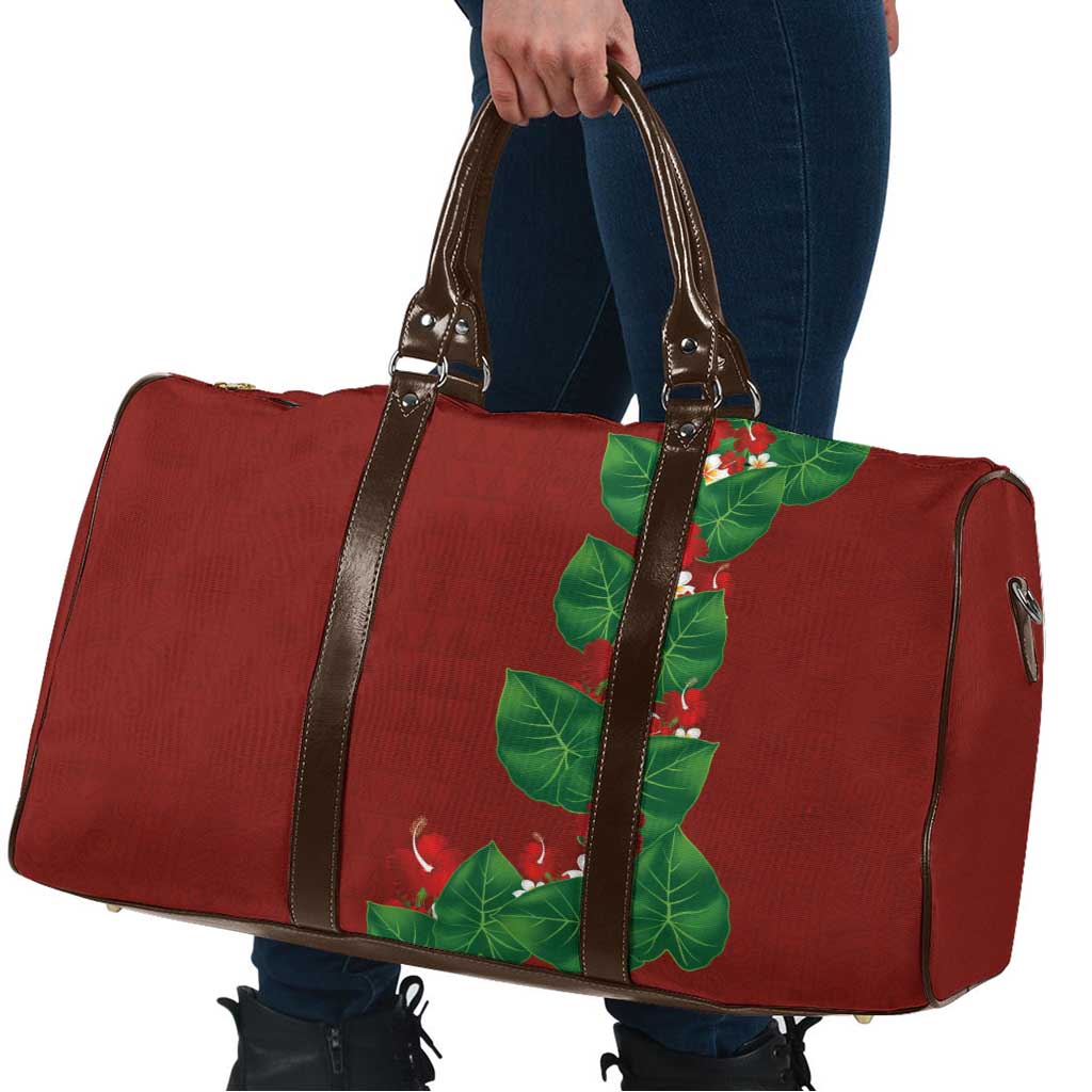 Hawaiian Taro Leaves-Hibiscus and Plumeria Travel Bag Polynesian Art-Kakau Tattoo Red