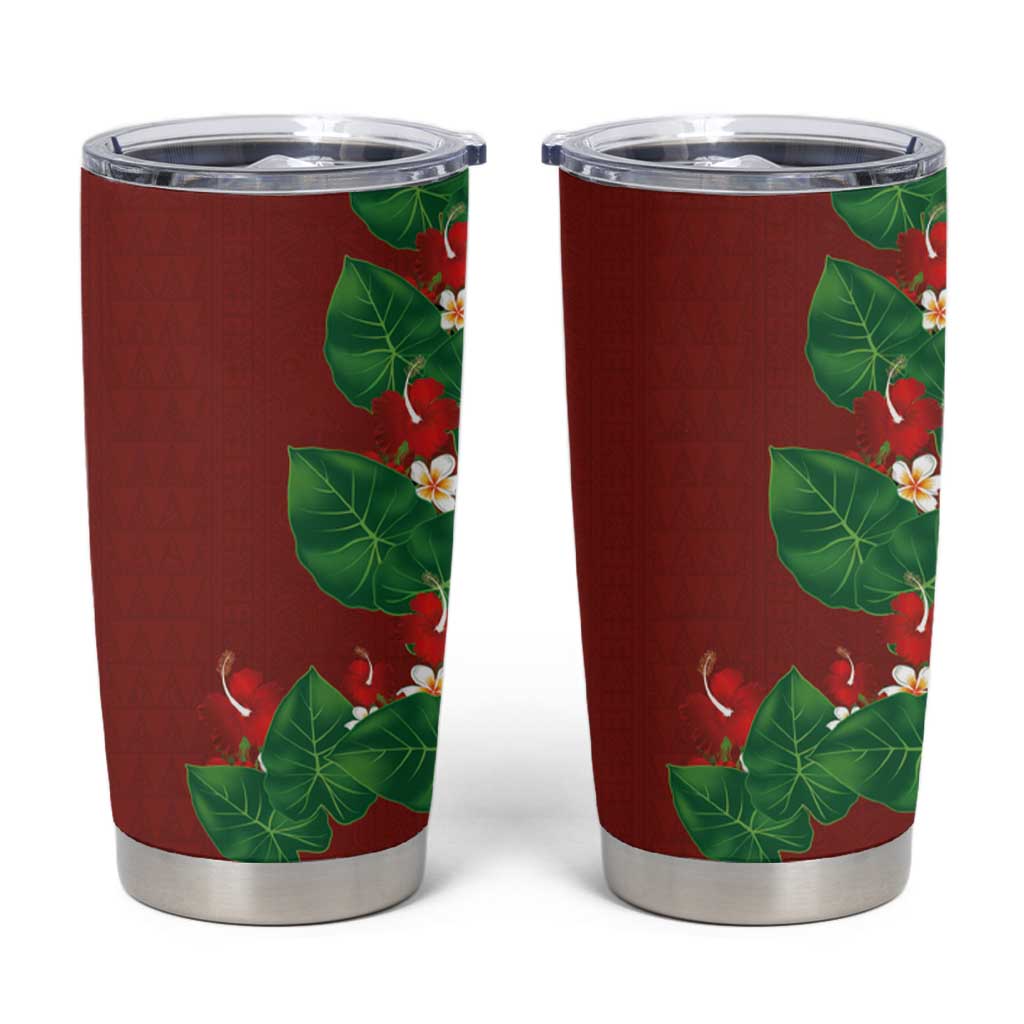 Hawaiian Taro Leaves-Hibiscus and Plumeria Tumbler Cup Polynesian Art-Kakau Tattoo Red